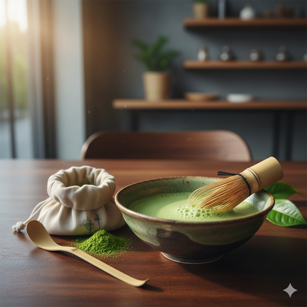 Premium-Wholesale-Matcha-Sourcing-Experience A traditional ceramic bowl of frothy ceremonial grade matcha with a bamboo whisk, scoop, and burlap bag of green tea powder on a wooden table in a cafe setting.